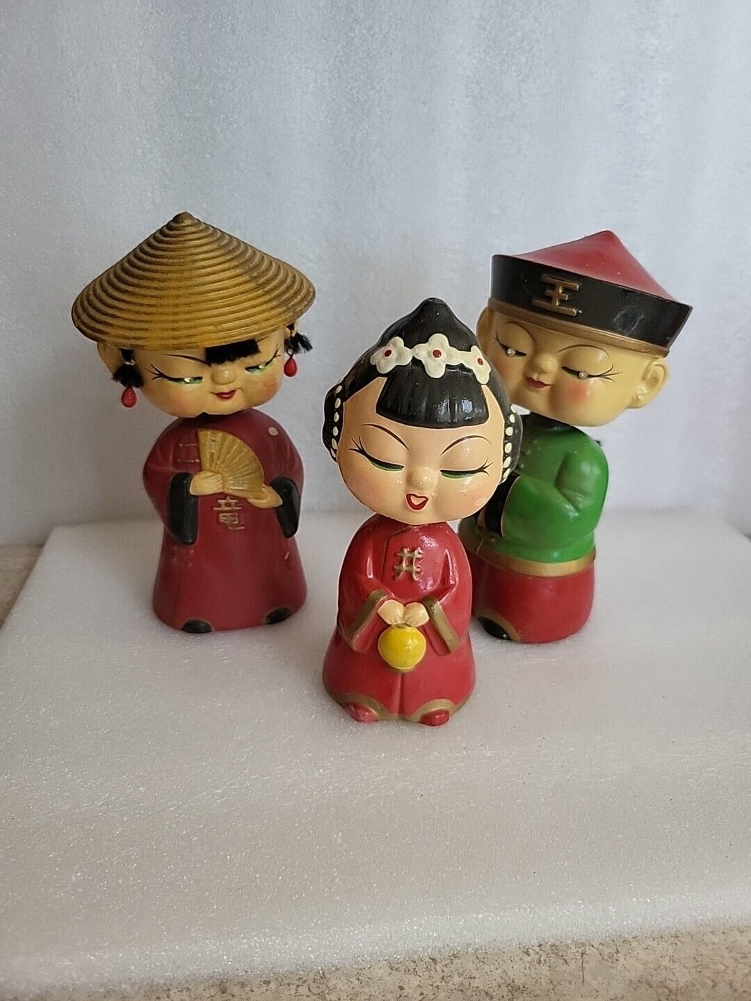 3 Vintage Japanese/Oriental/Asian Bobble Head/Nodder Boy/Girl /Doll 2 Geisha 