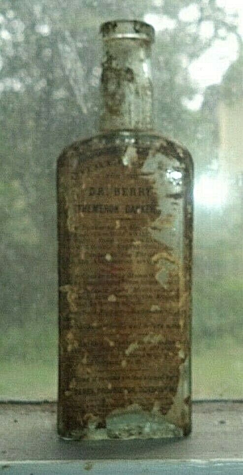 scarce old aqua glass medicine bottle Dr Berry\'s Anthemeron Canker cure