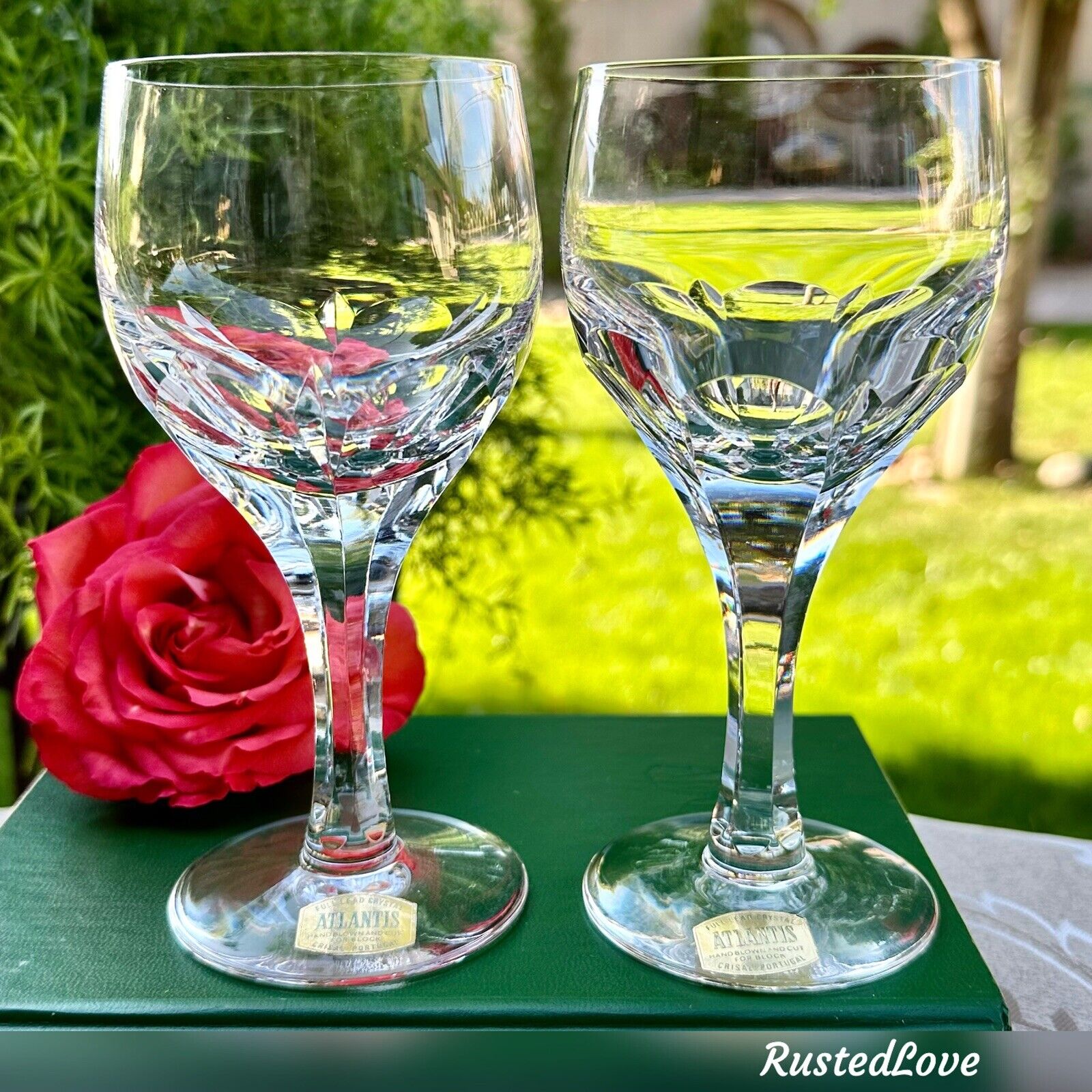 Vintage Atlantis Evoria Wine Glasses Panel Cuts Blown Glass USA Wine Goblets 2 *