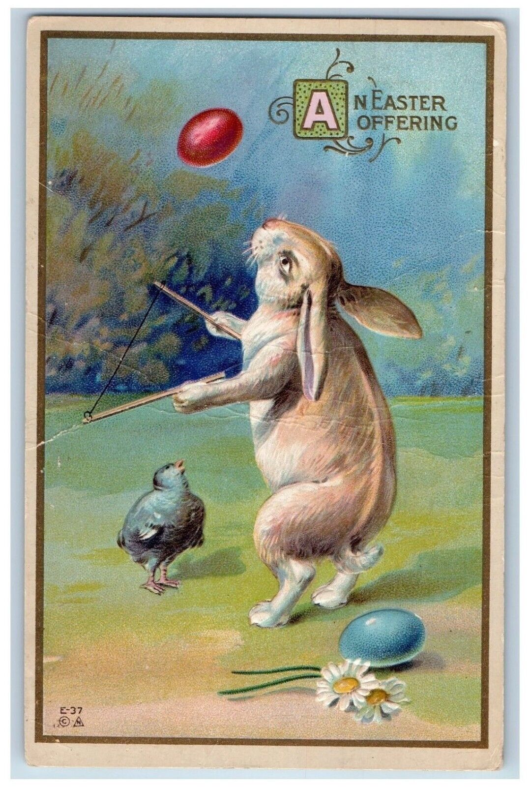 Knapp Wisconsin WI Postcard Bunny Rabbit Playing Egg Embossed 1915 Antique