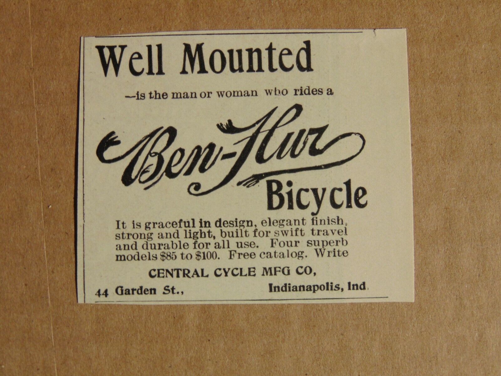 1896 BEN-HUR BICYCLE  small print ad