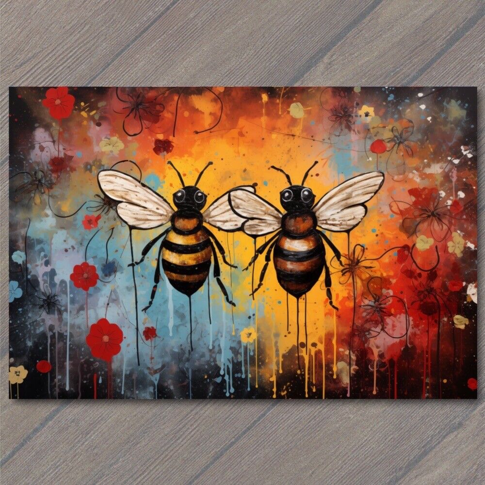 POSTCARD Whimsical Bees Buzzing in Love Vibrant Valentine’s Day Flowers 🌸🐝💖