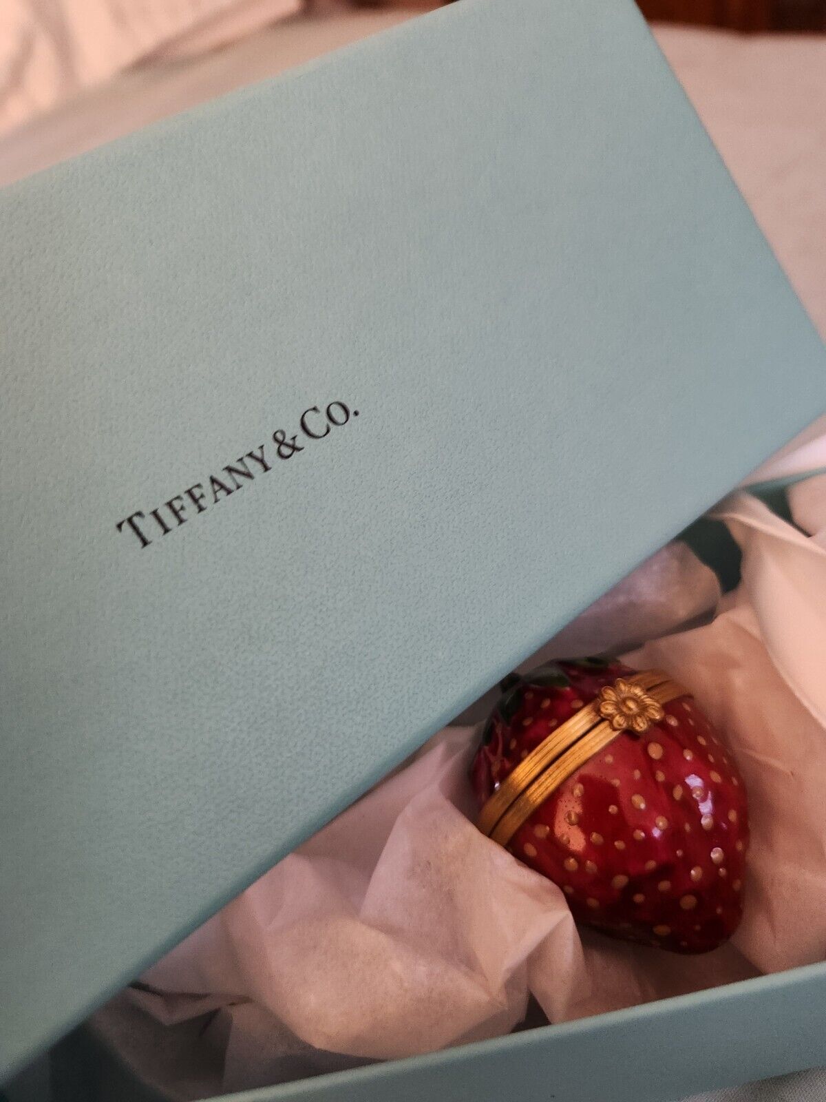 Signed Tiffany Strawberry French Limoges Enamel 18K Gold Gilt Jewelry Ring Box