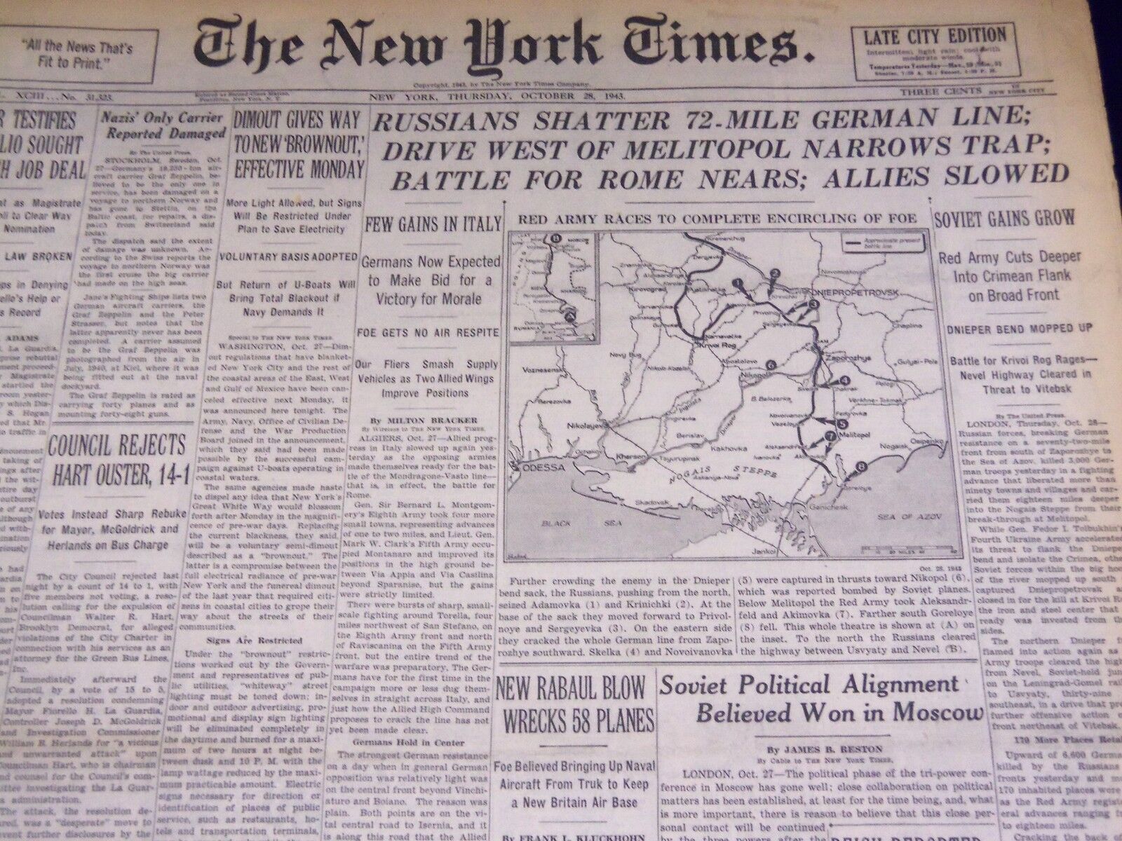 1943 OCTOBER 28 NEW YORK TIMES - RUSSIANS SHATTER 72-MILE GERMAN LINE - NT 1897