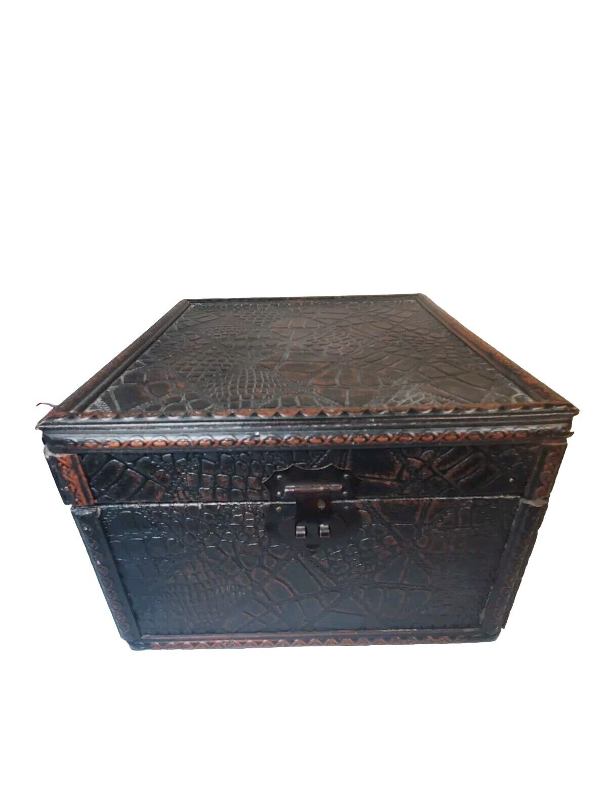 Antique Storage Box Wood & Tool Leather Look Jewelry Stash Trinket Deco 8x8x6\