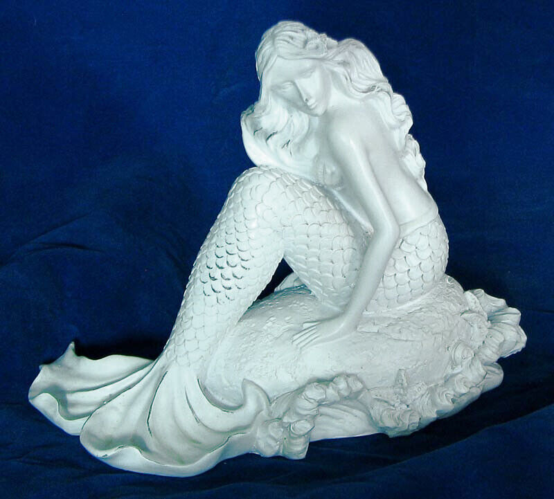Mermaid Sitting on Rock Antiqued-White Resin Statue Figurine Nautical Decor 8\