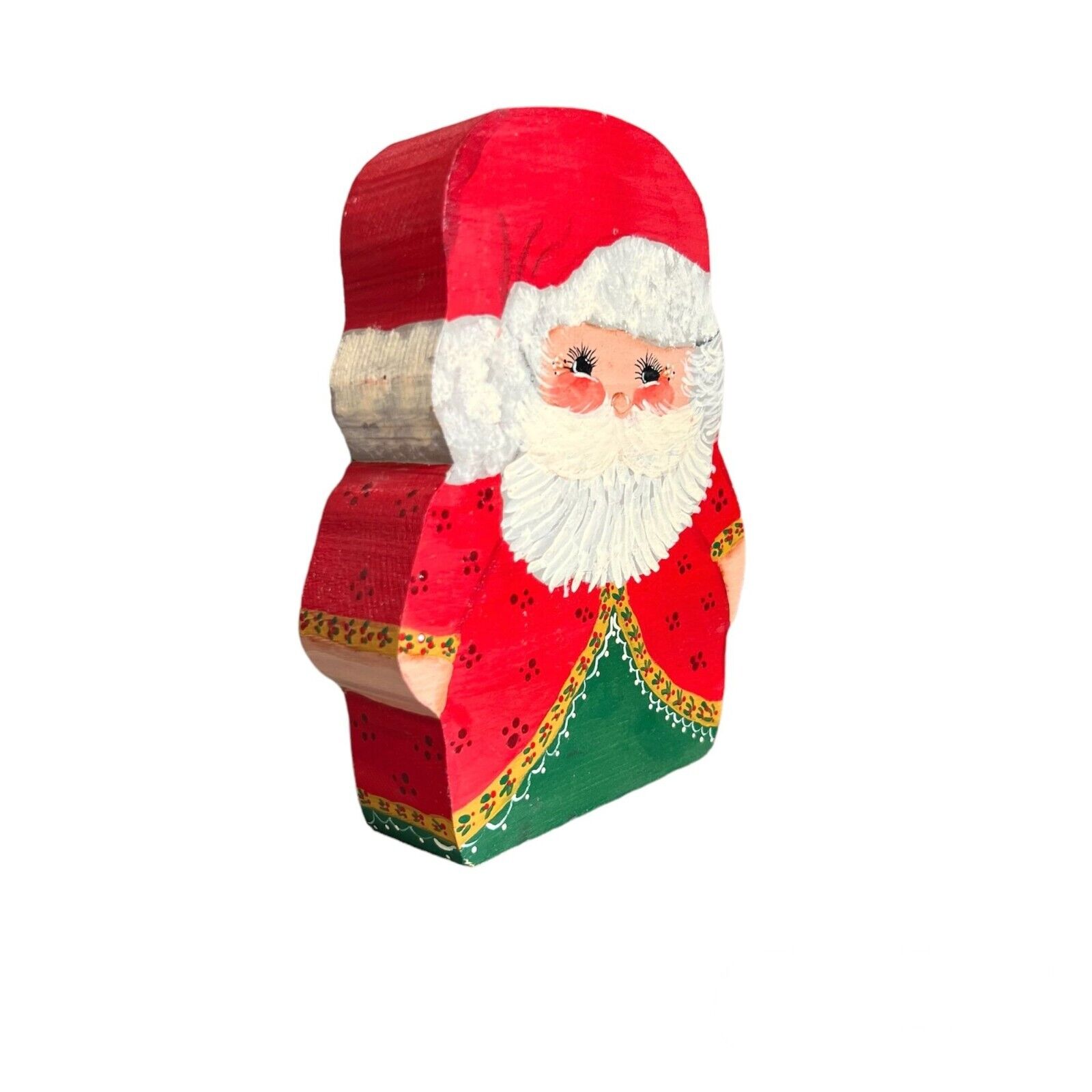 Vintage Wooden Painted Santa Claus Block Candle Holder 6 3/4