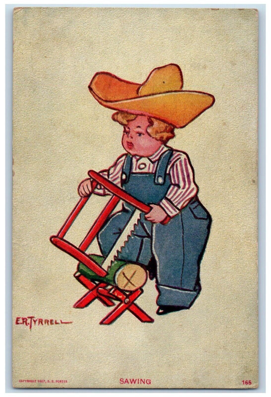c1910's Boy Jumper Big Hat Sawing Log ER. Tyrrell Posted Antique Postcard
