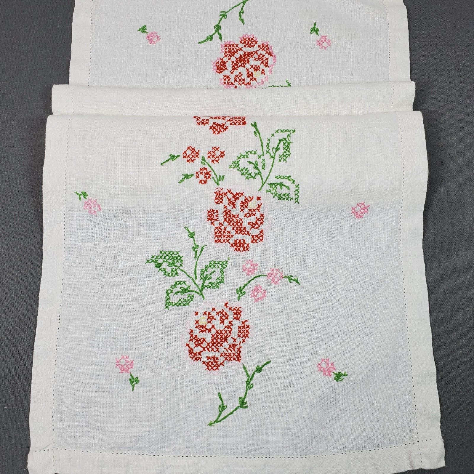 Vintage Hand Crafted Cross Stitch Table Runner 13x36 Inch Red Pink Rose