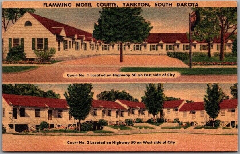 Yankton, South Dakota Postcard FLAMMING HOTEL COURTS 2 Locations Linen c1950s