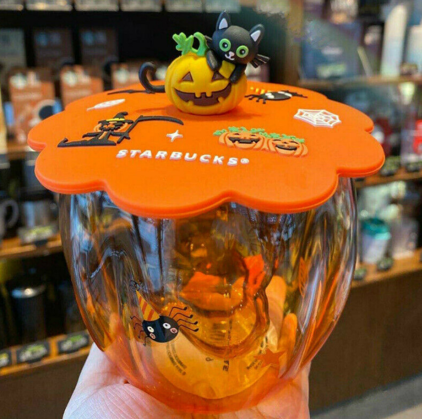  Halloween Starbucks Mug Gifts Pumpkin Cat Paw Glass Cup with Cover Lid New Cup