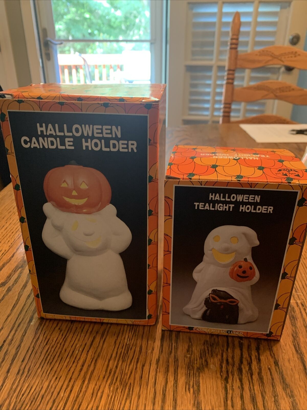 Vintage Halloween Kmart Tealight And Candle Holder Set - Ghost, Pumpkin, & Cat