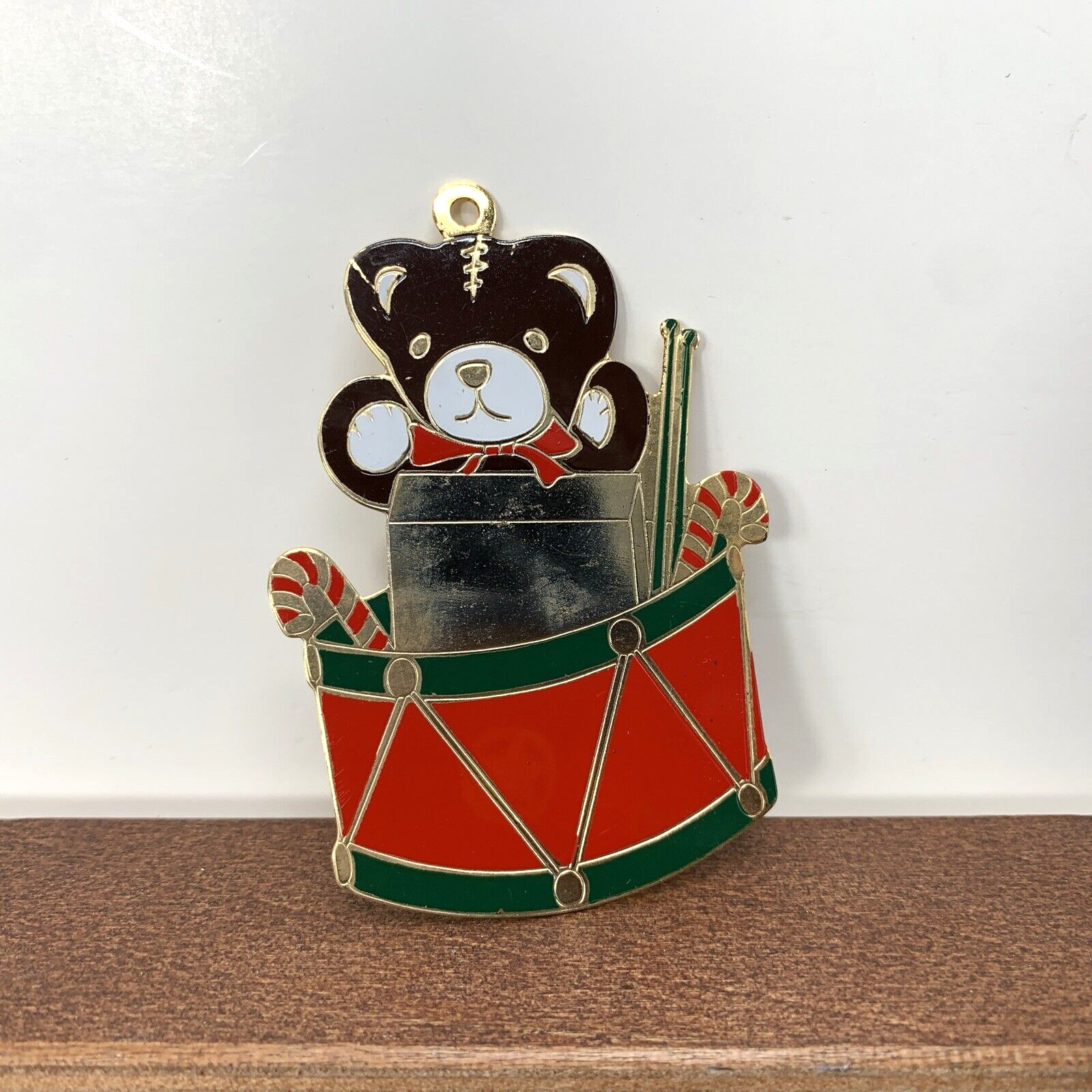1989 G Duchin Christmas Tin Metal Brass Ornament, Bear Drums Candy Cane, Vintage