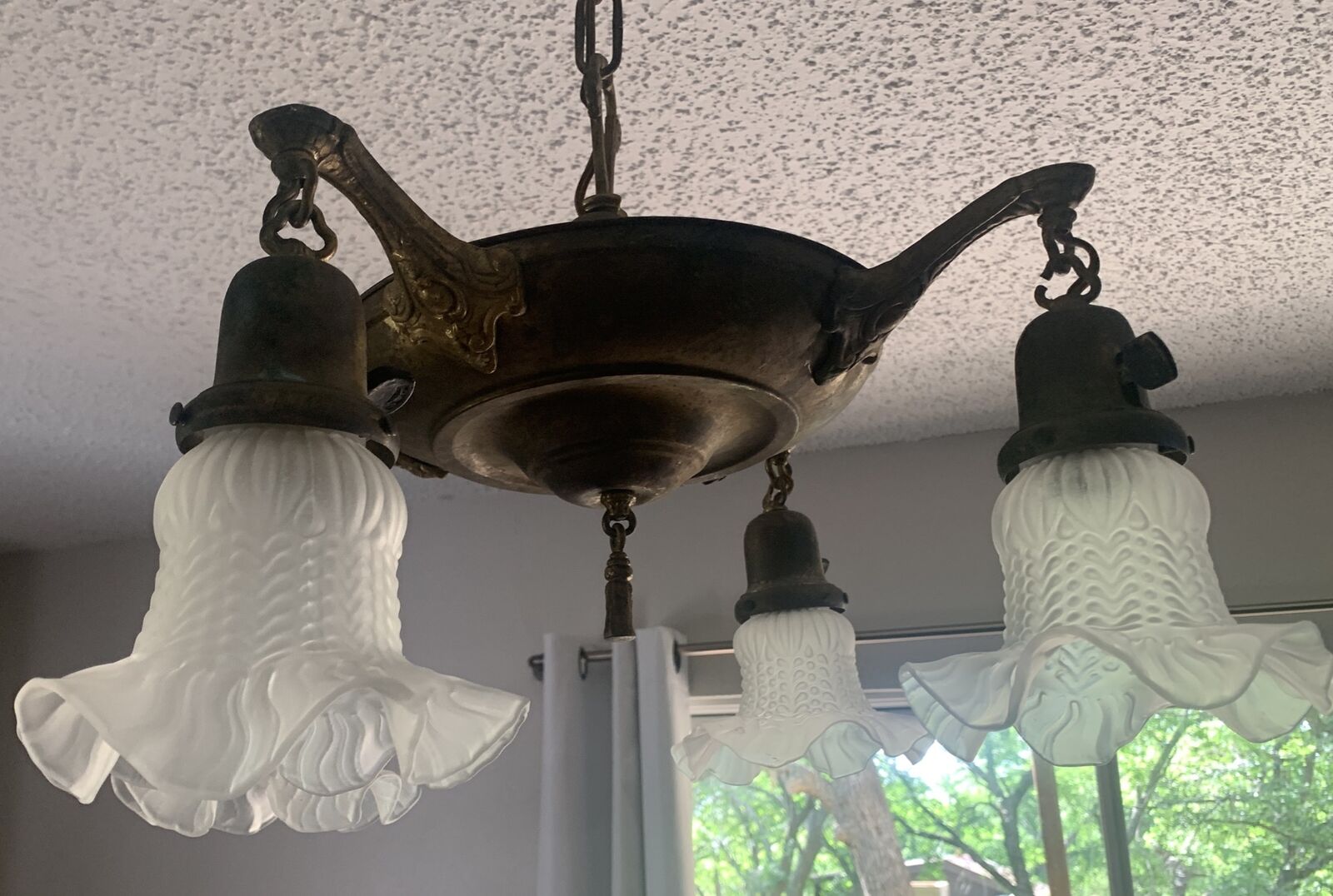 17” wide Antique 5 Light Brass Pan Chandelier Light / Ceiling Fixture No Globes