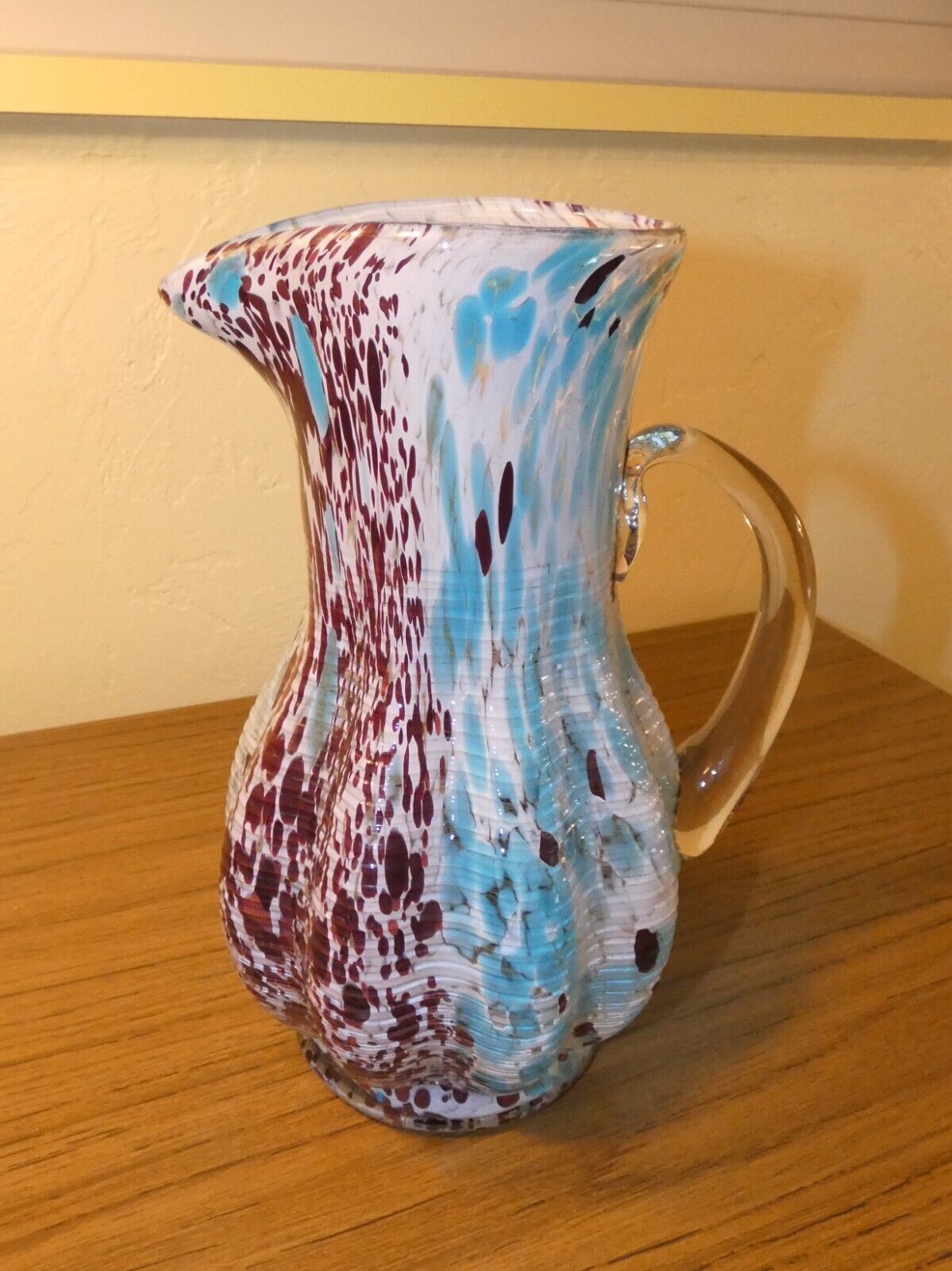 Splatter Glass Pitcher, handblown molded, brown and blue, 9\
