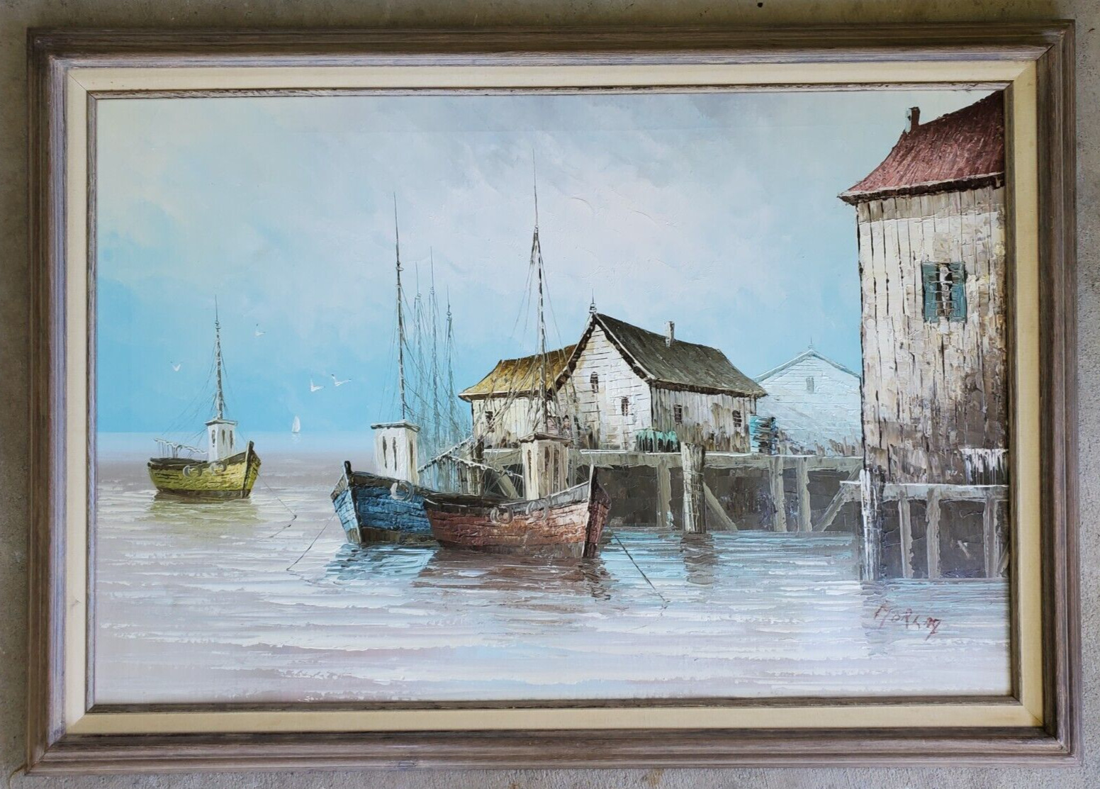 Original Oil Canvas Painting Fishing Boat Seascape Seaside Harbor Village Marina