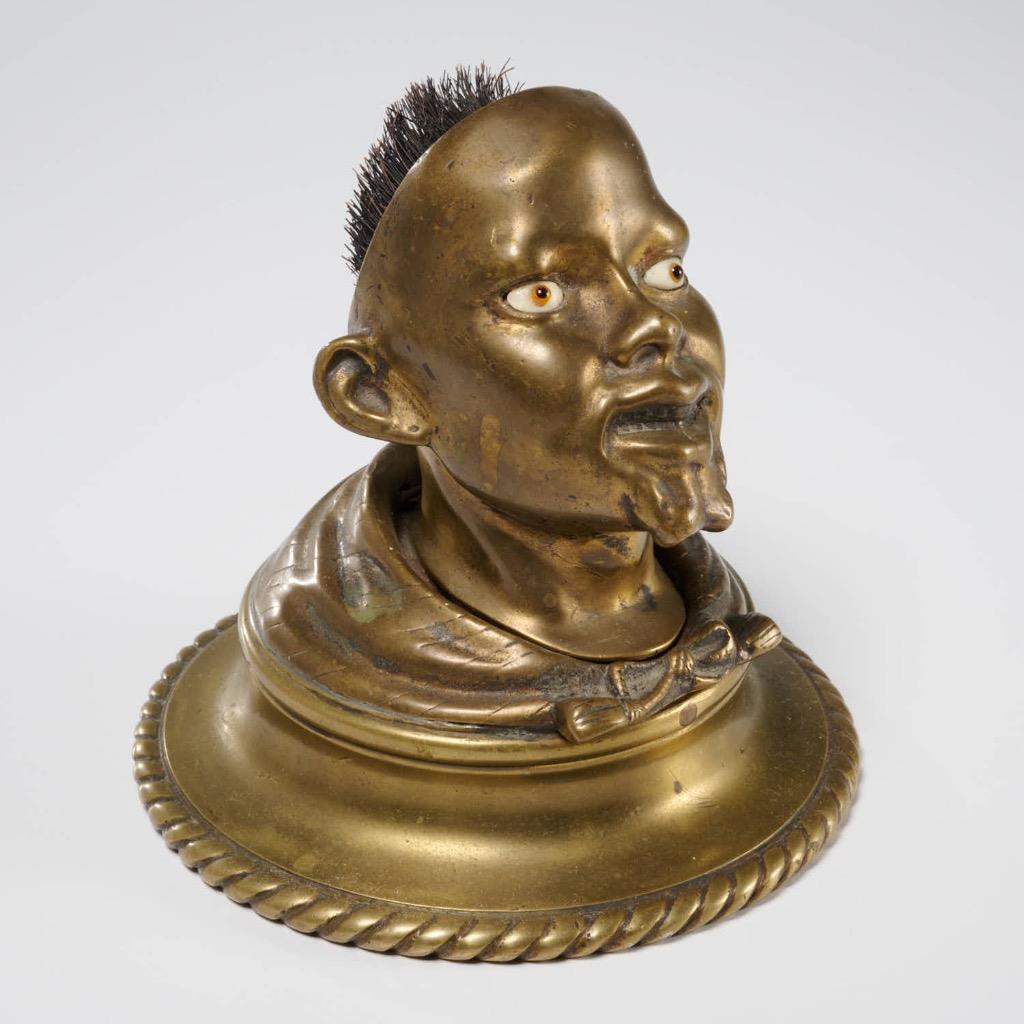 Antique Brass Figural African Man Head Inkwell Glass Eyes Porcelain Pot 5