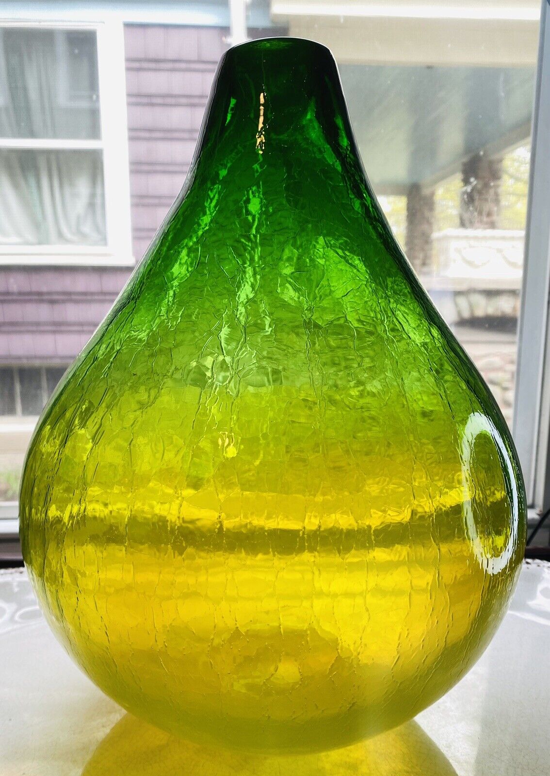 Blenko Green Citron Yellow Crackle Large Ombre Tear Drop Vase Stunning