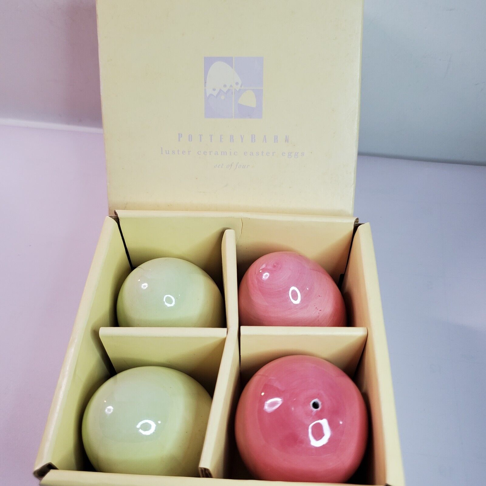 Pottery Barn Luster Ceramic Easter Eggs Pink and Yellow 2.75 x 2in Set of 4