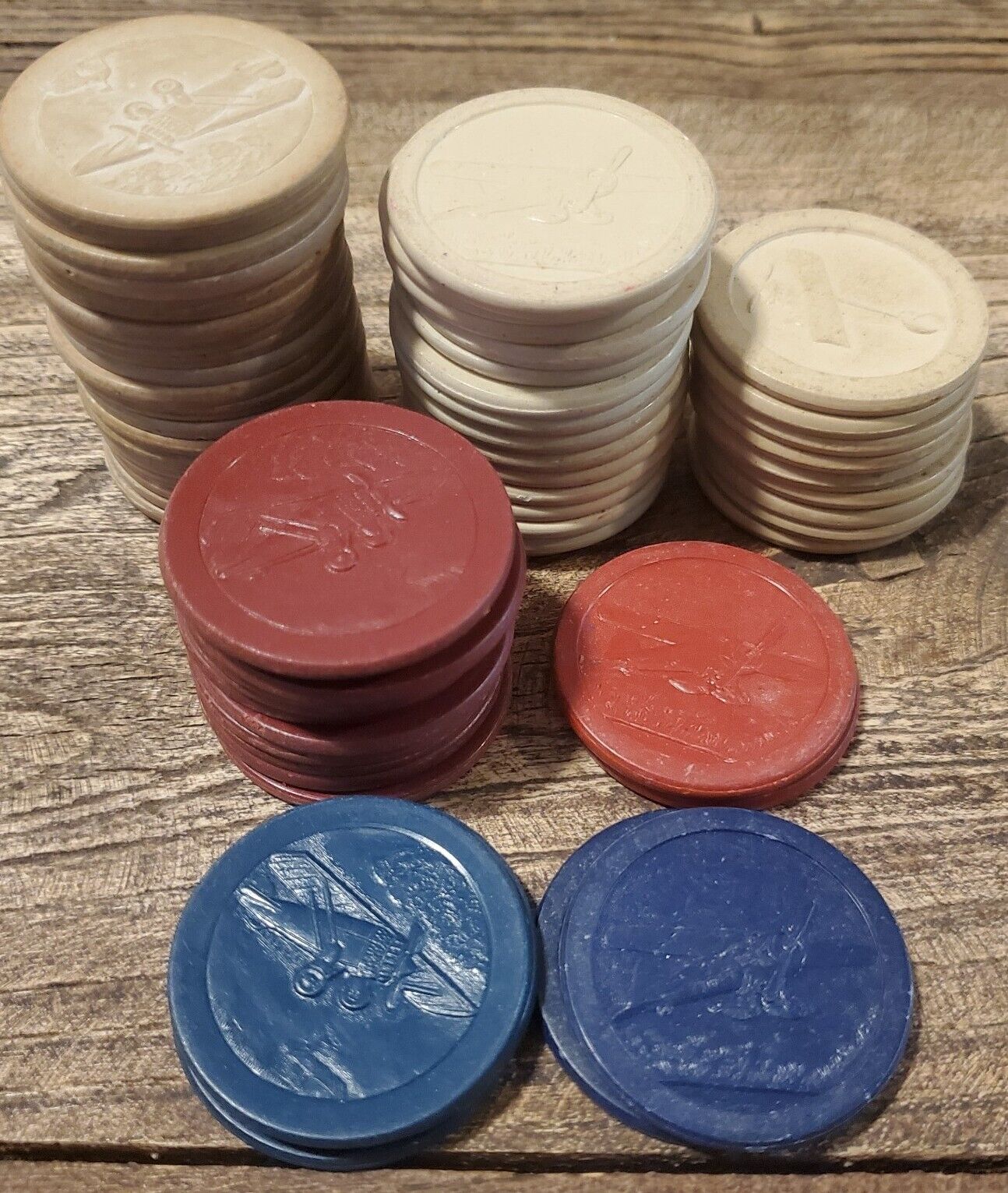 Lot of 60 Rare Old Antique Poker Chips Airplane Spirit Plane Clay Vintage 
