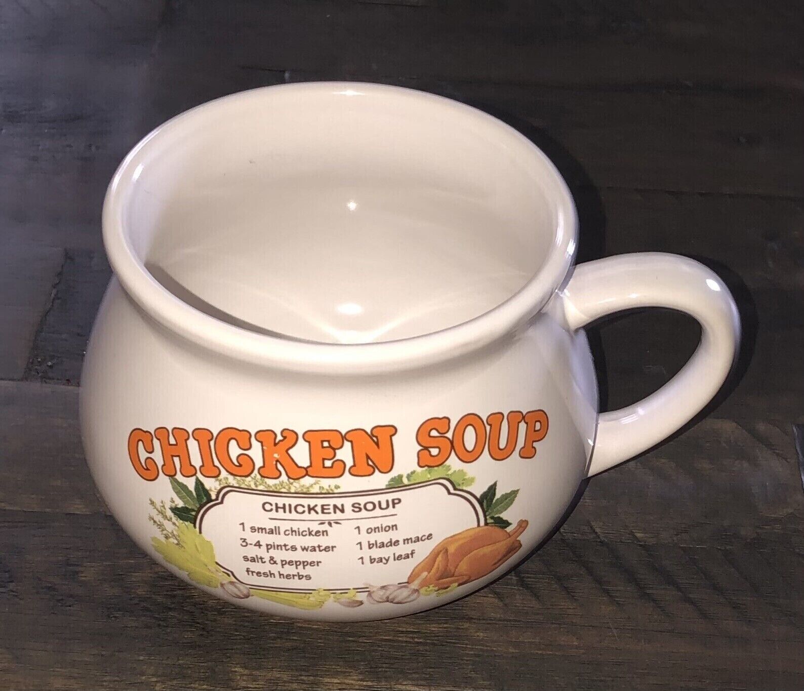 DAT\'L DO-IT INC. Vintage Chicken Soup Ceramic Recipe Mug Bowl Cup Orange Letters