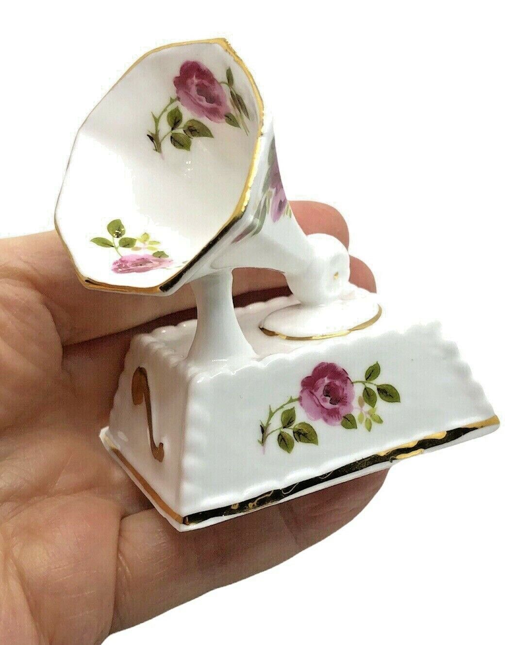 Miniature Gramophone Cottage Rose Bone Chine Figurine 3\