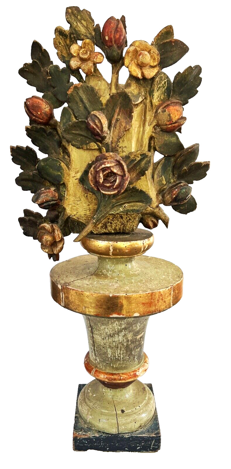 Antique 19thC Italian Carved Wood Gold Gilt W/Polychrome Carved Floral URN 1820s