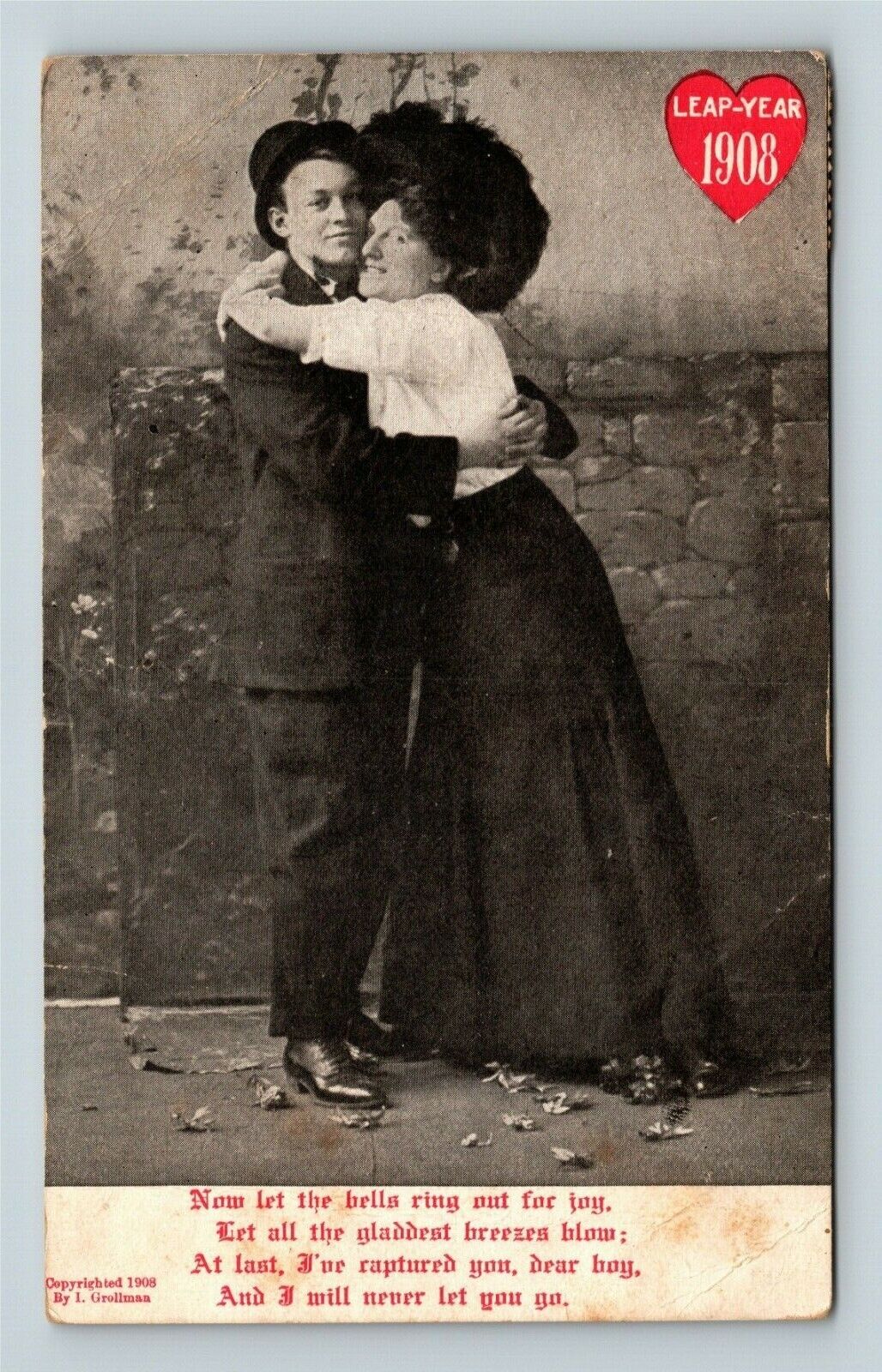 1908 Leap Year Greeting Lady Raptures Hugging Man Comic Heart Vintage Postcard