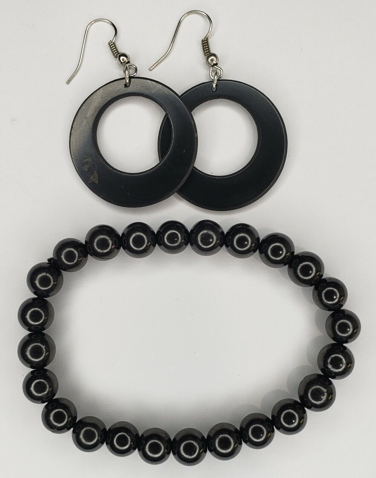 Shungite Set 001 - Bracelet 8 mm Beads Shungite Earrings Double Circle 1 pair  