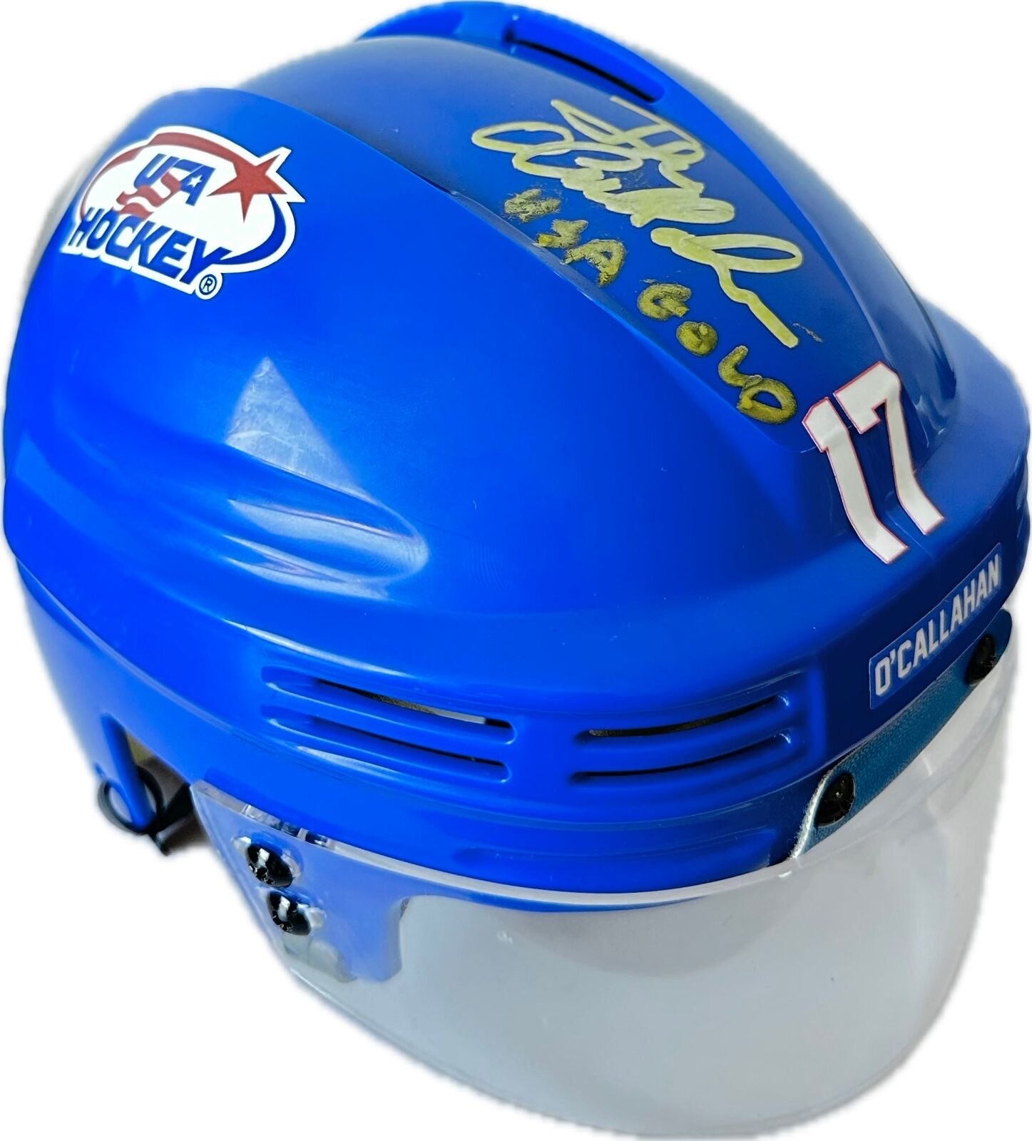 Miracle on Ice Blue Mini Hockey Helmet Signed by Jack O\'Callahan