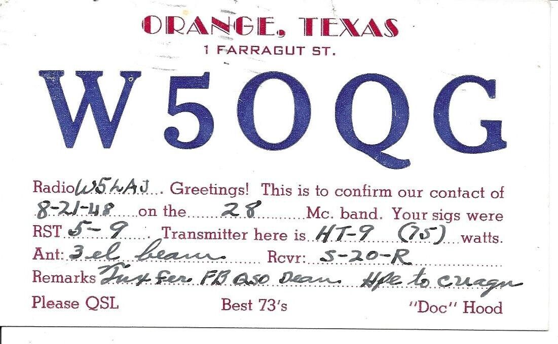 QSL 1948 Orange Texas      radio card