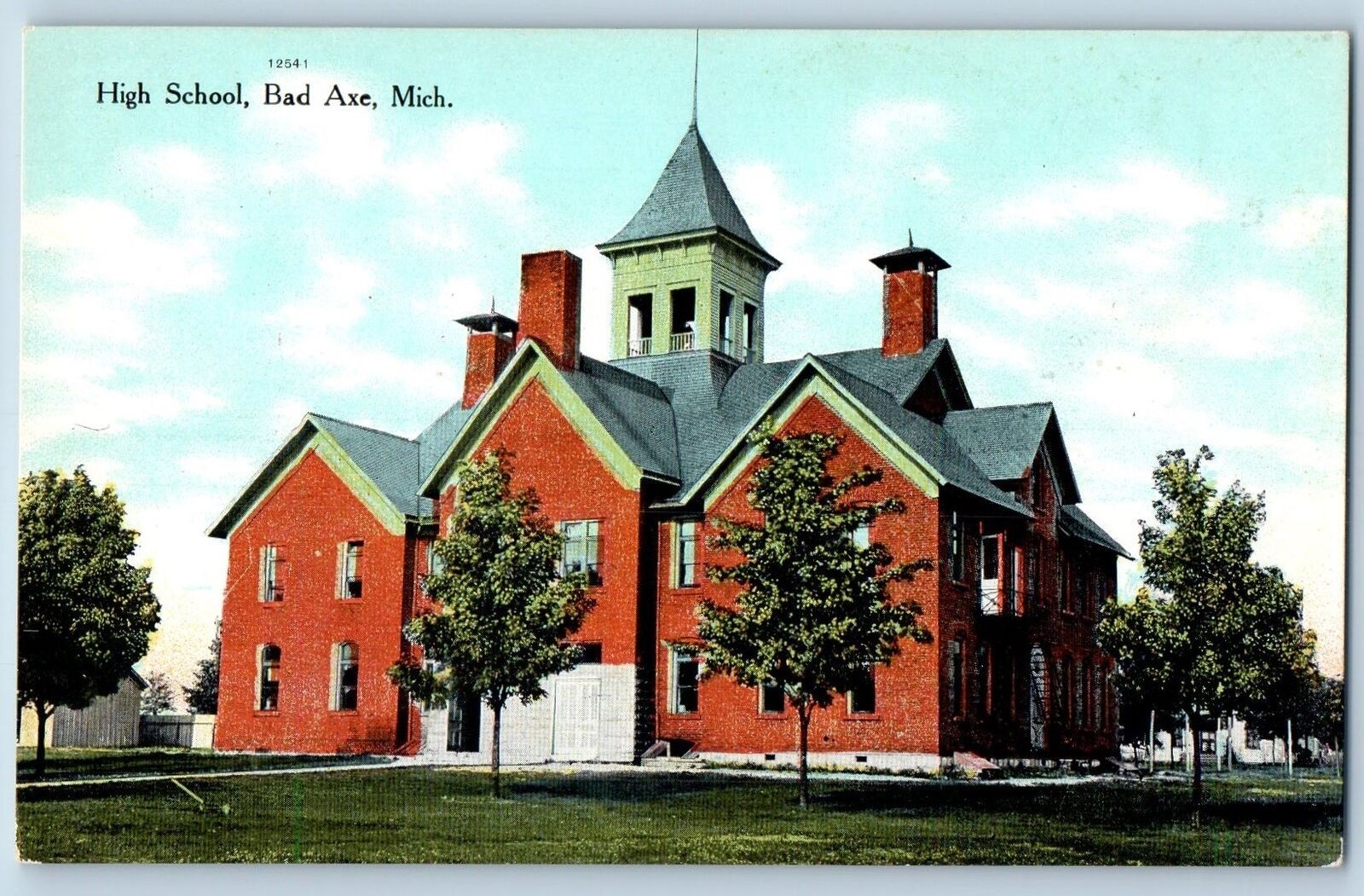 Bad Axe Michigan MI Postcard High School Building Exterior Scene c1920\'s Antique