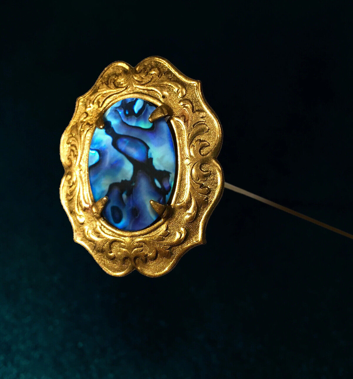 Hatpin with AQUA BLUE ABALONE Shell Cabochon on Gold Finish 8 in . Victorian St.