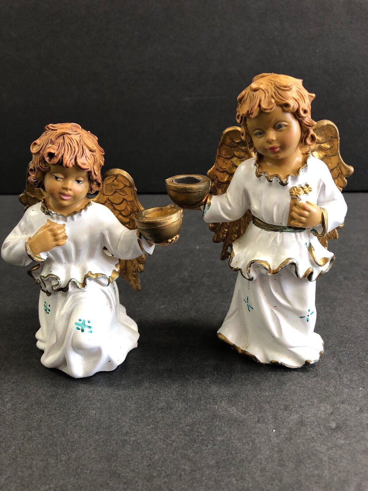 Vintage Antique Pair Depose Italian Molded Christmas Winged Angel Candleholders 