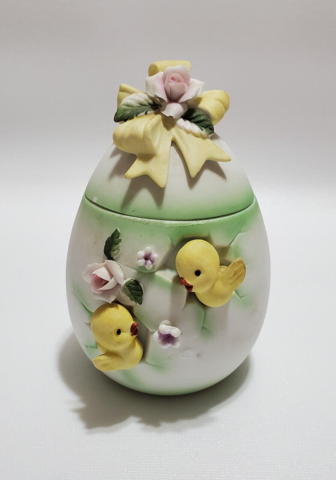 Vintage 1950s Lefton Roses & Chicks Decorative Egg Trinket Box, Bisque Porcelain