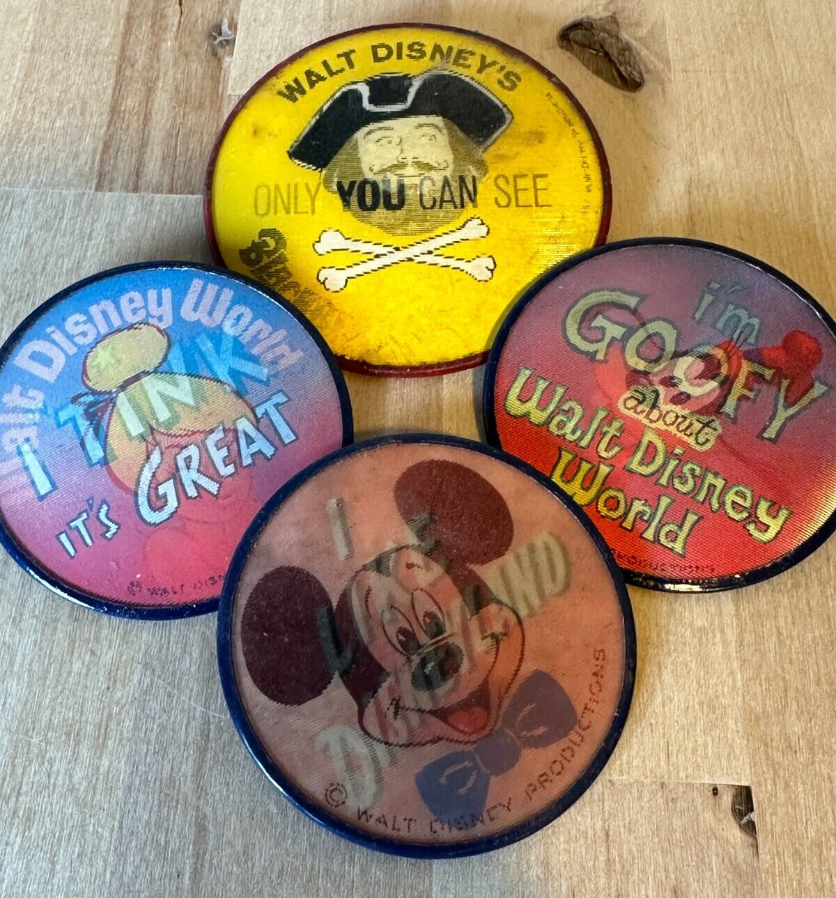 4 Disney 1960s Vari-Vue Buttons, Mickey, Blackbeard, Tink, 3\