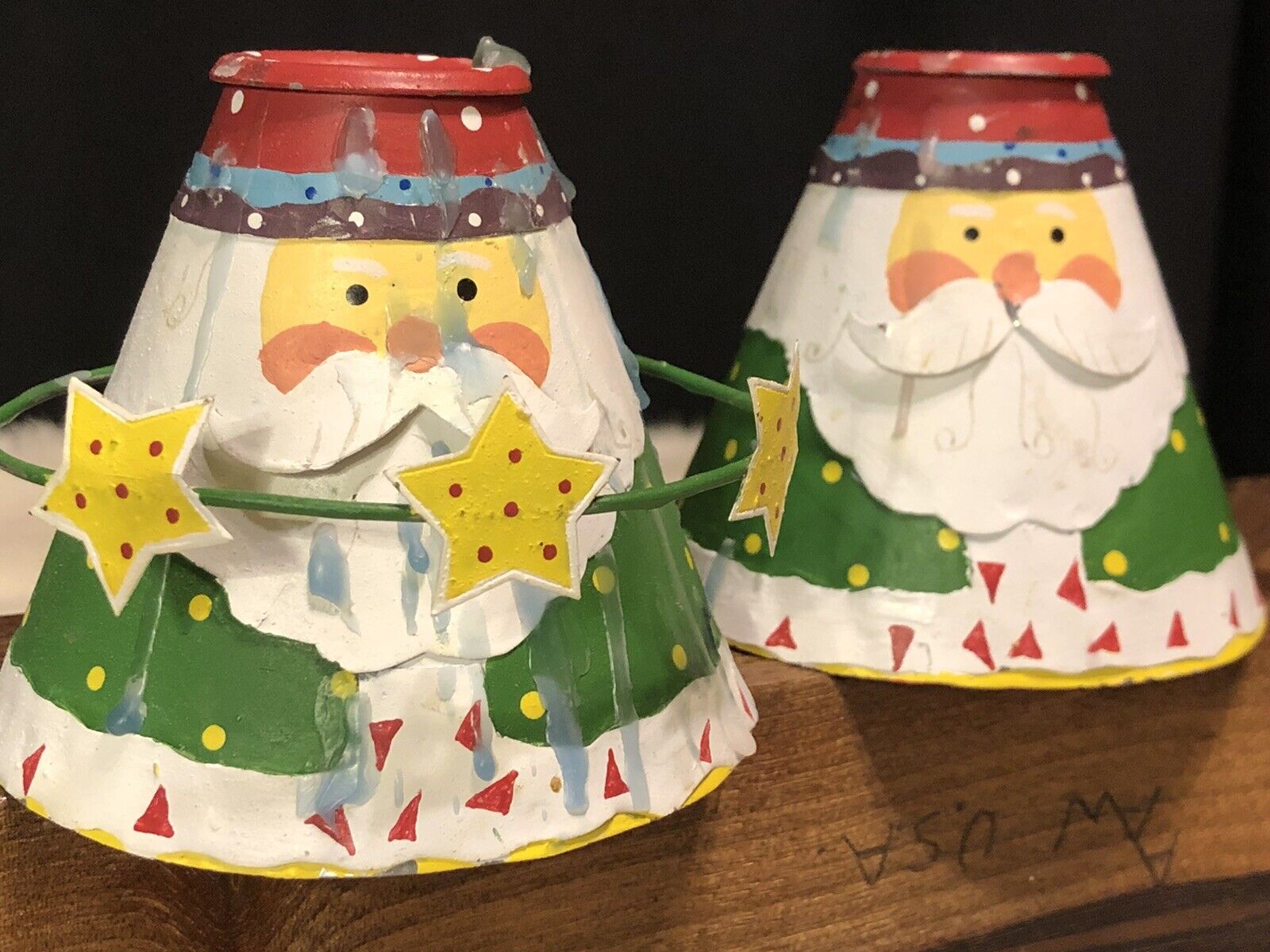 Vintage Christmas Cone-shaped Santa Metal Candle Holder Set Of 2, Bright Colors