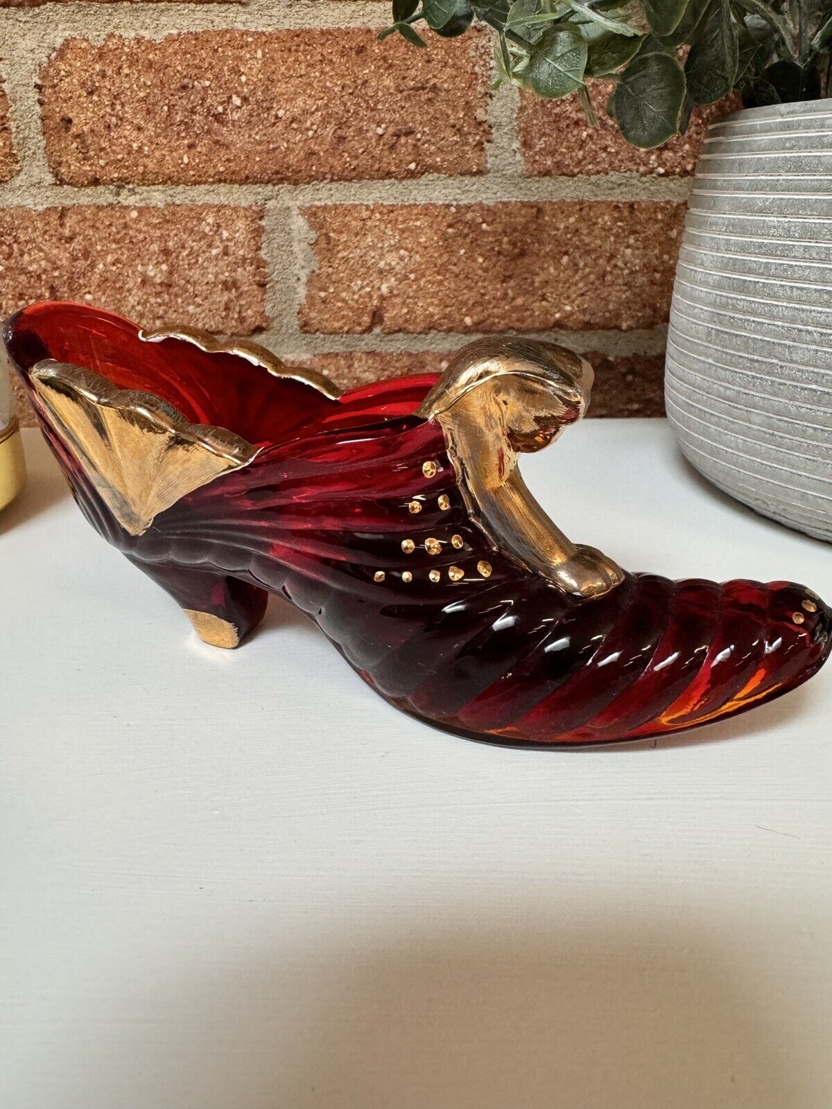 Fenton Ruby Red Amberina Signed Cat Head Glass Slipper - Hand Painted Gold Decor