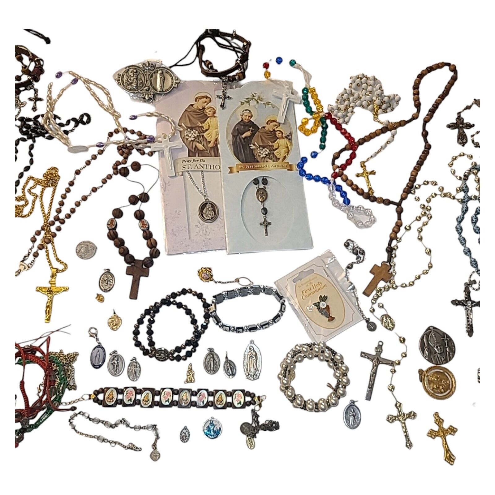 56 Piece Catholic Religious Jewelry Lot Rosaries Medals Pins Saints New &Vintage