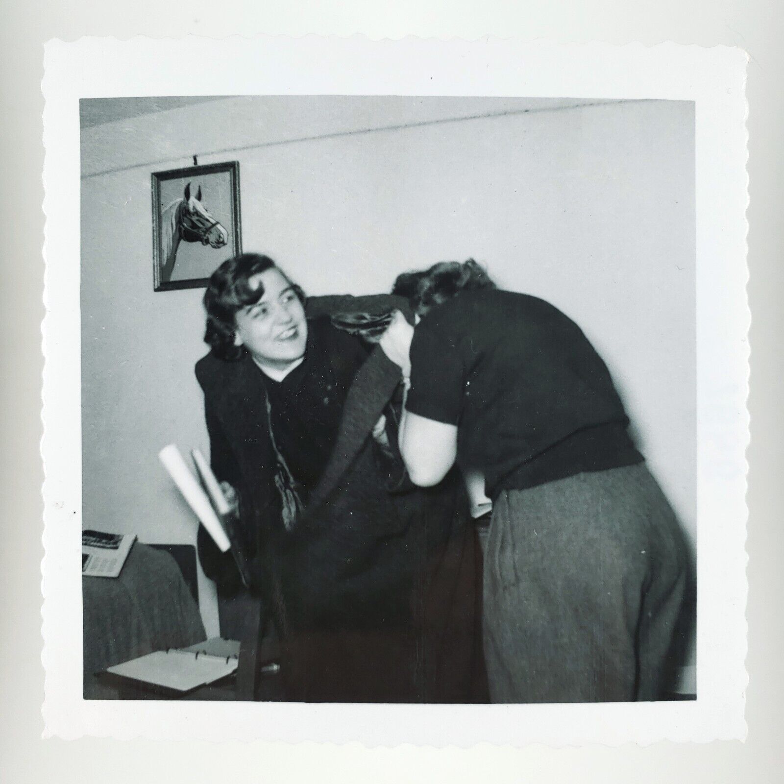 Shy Girl Hiding from Camera Photo 1950s Laughing Women Candid Snapshot A4332