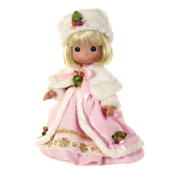 ✪ New PRECIOUS MOMENTS Vinyl Doll WINTER HOLYBERRY Pink White Fur Dress Cape
