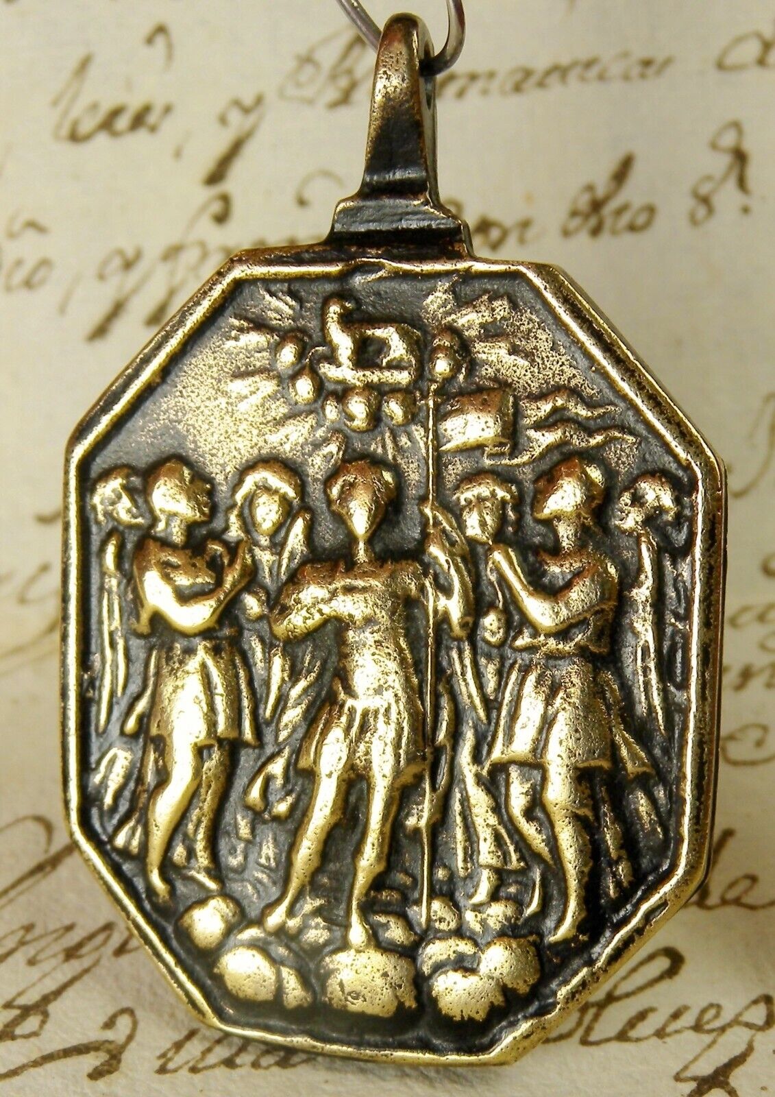 RARE SPANISH COLONIAL 7 ARCHANGELS & CATHOLIC HOLY TRINITY ANTIQUE BRONZE MEDAL