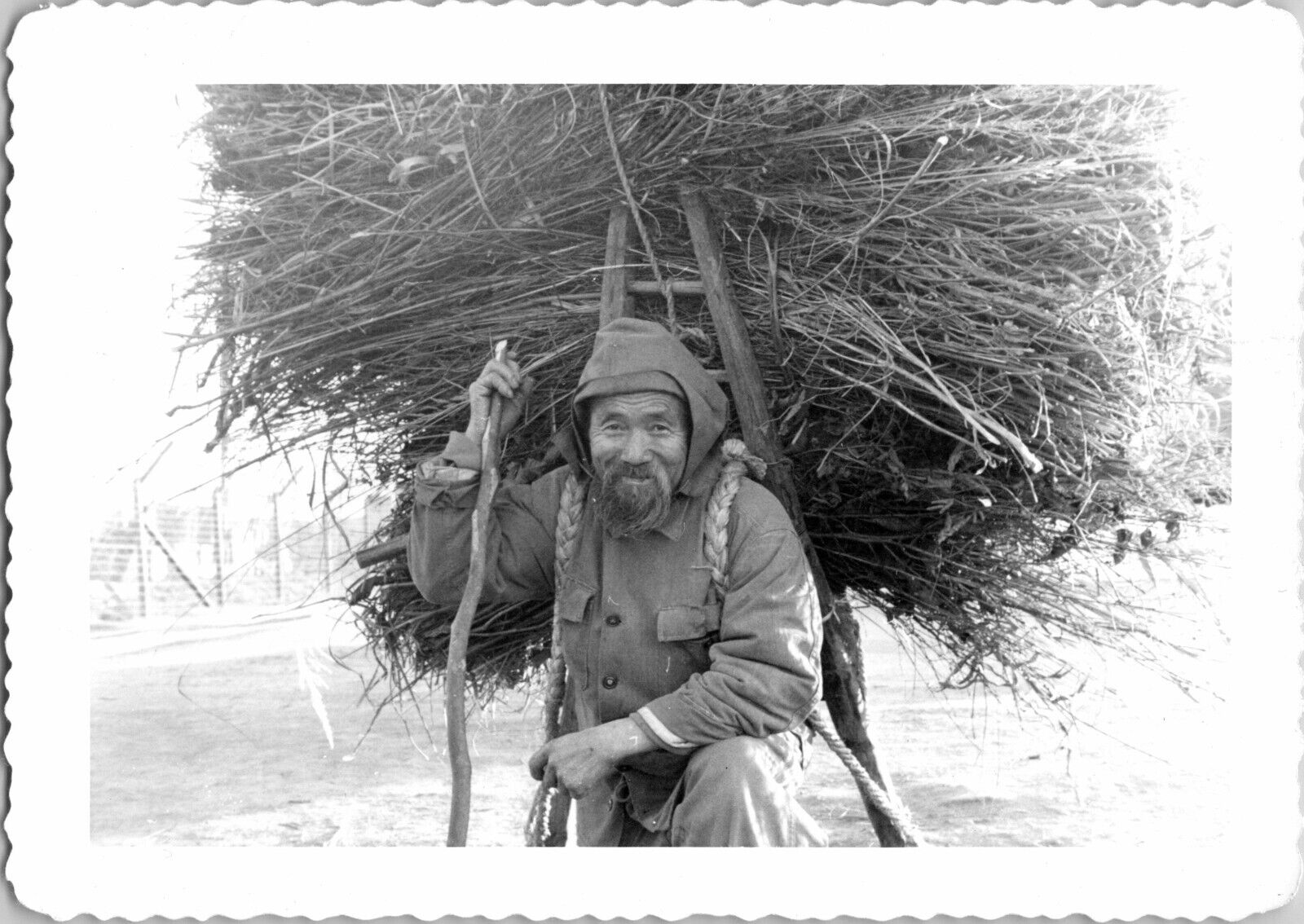 Man Labor Peasant A-Frame South Korea Photo 1950s Korean War Vintage Snapshot