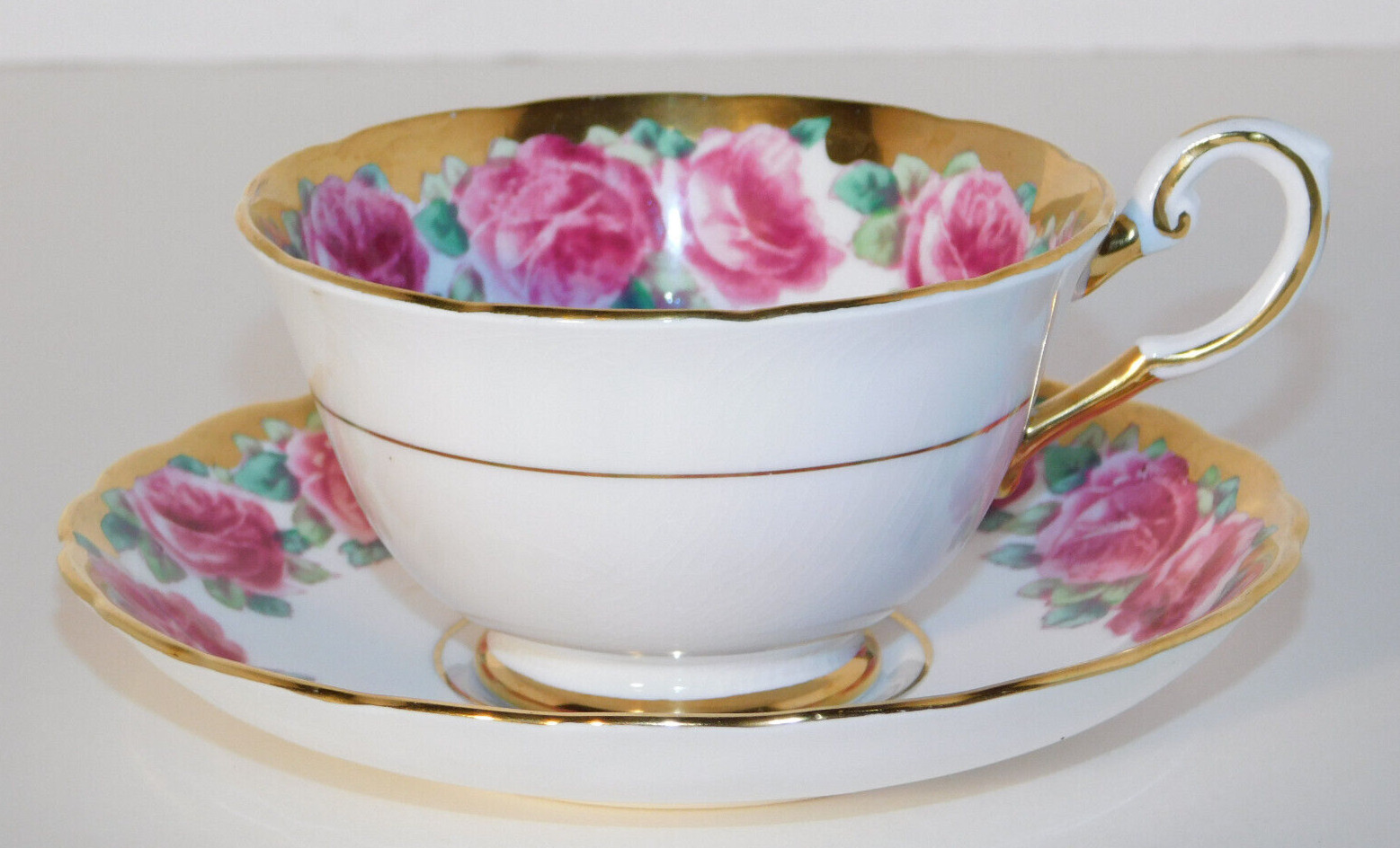 Vtg. Tuscan Rose Pink Roses with Heavy Gold Trim Cup & Saucer Set England 8944