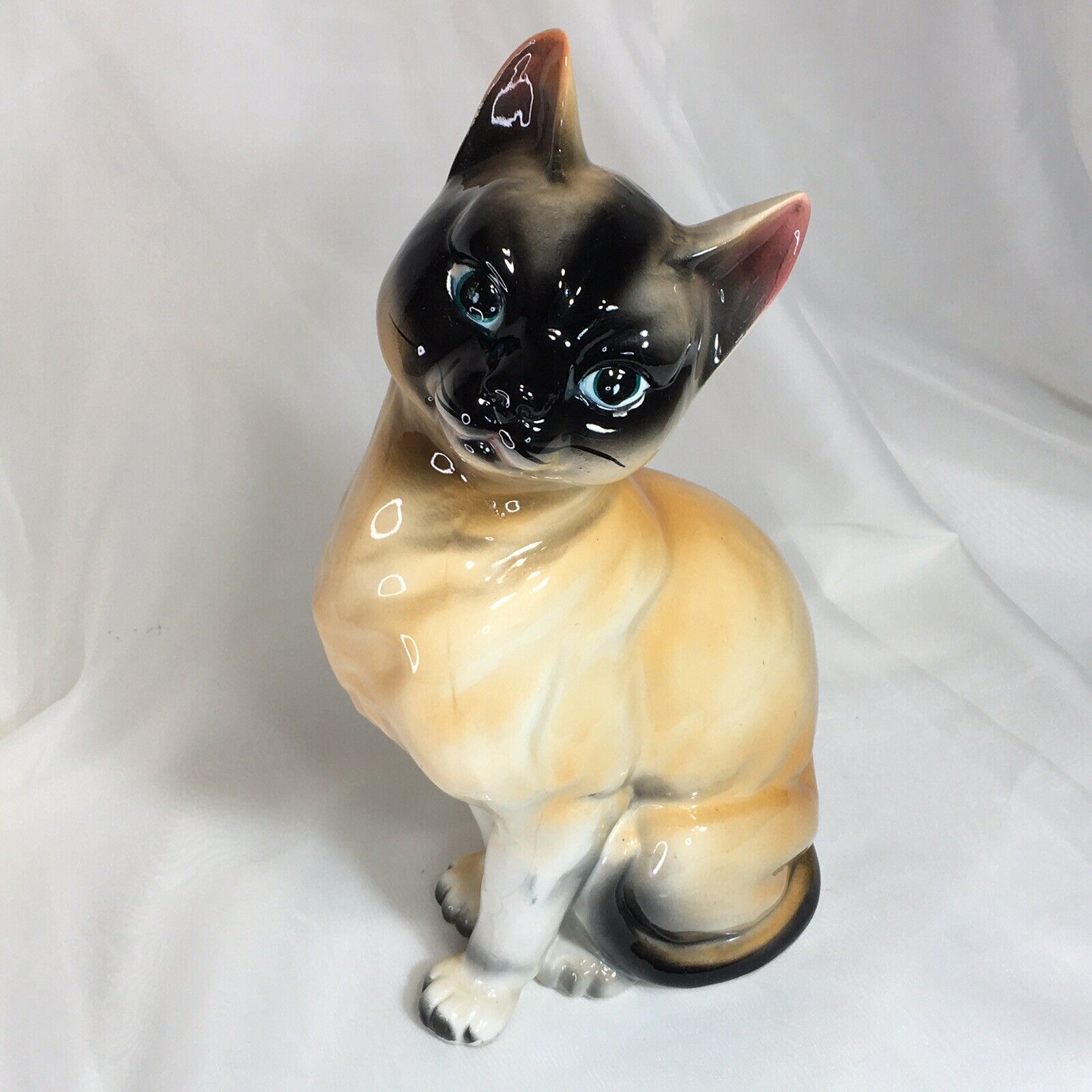 Large Cat Figurine, Siamese 12.5” Japan, Vintage Glazed Porcelain❤️