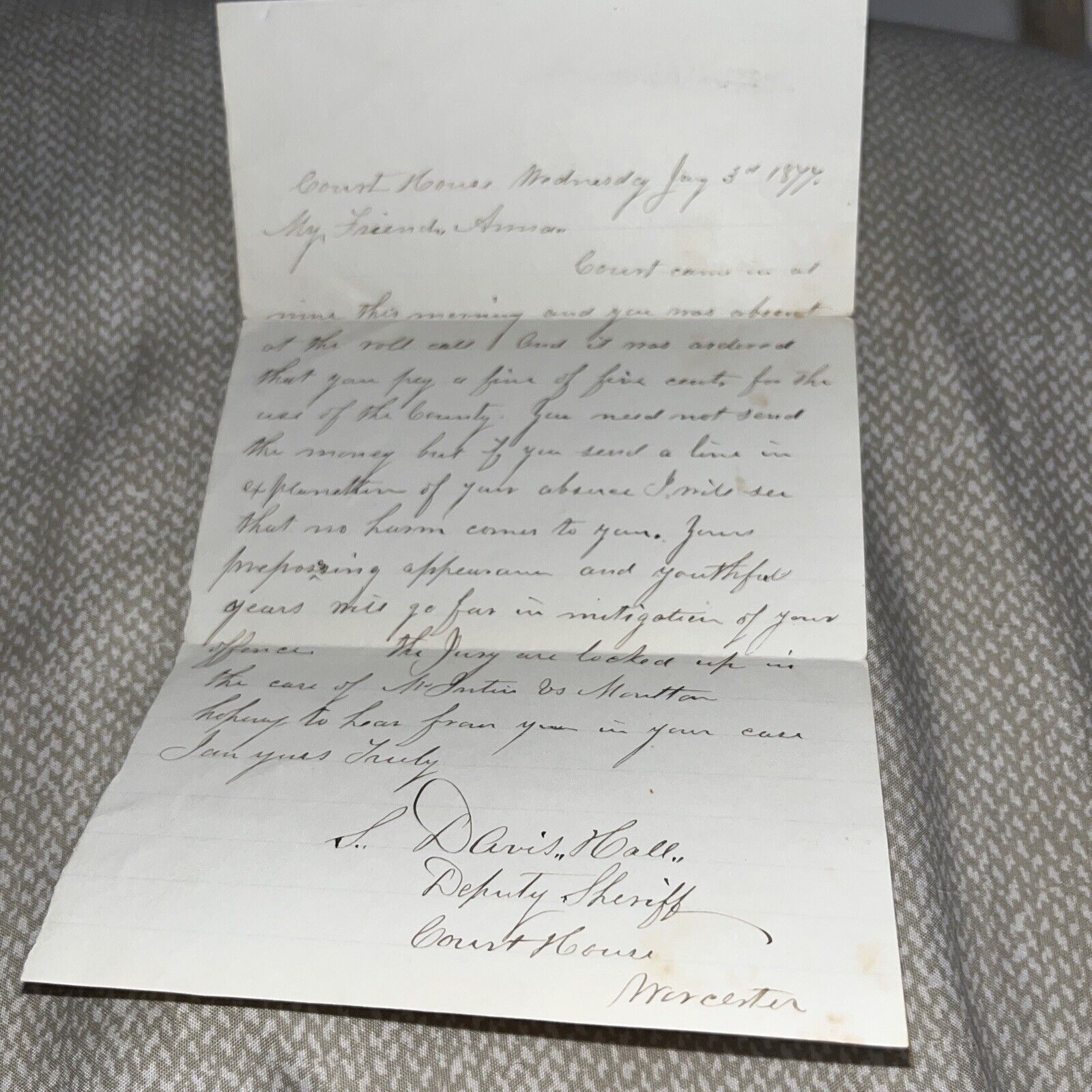 Antique 1877 Letter from Worcester Court Courthouse Deputy Sheriff - 5 Cent Fine