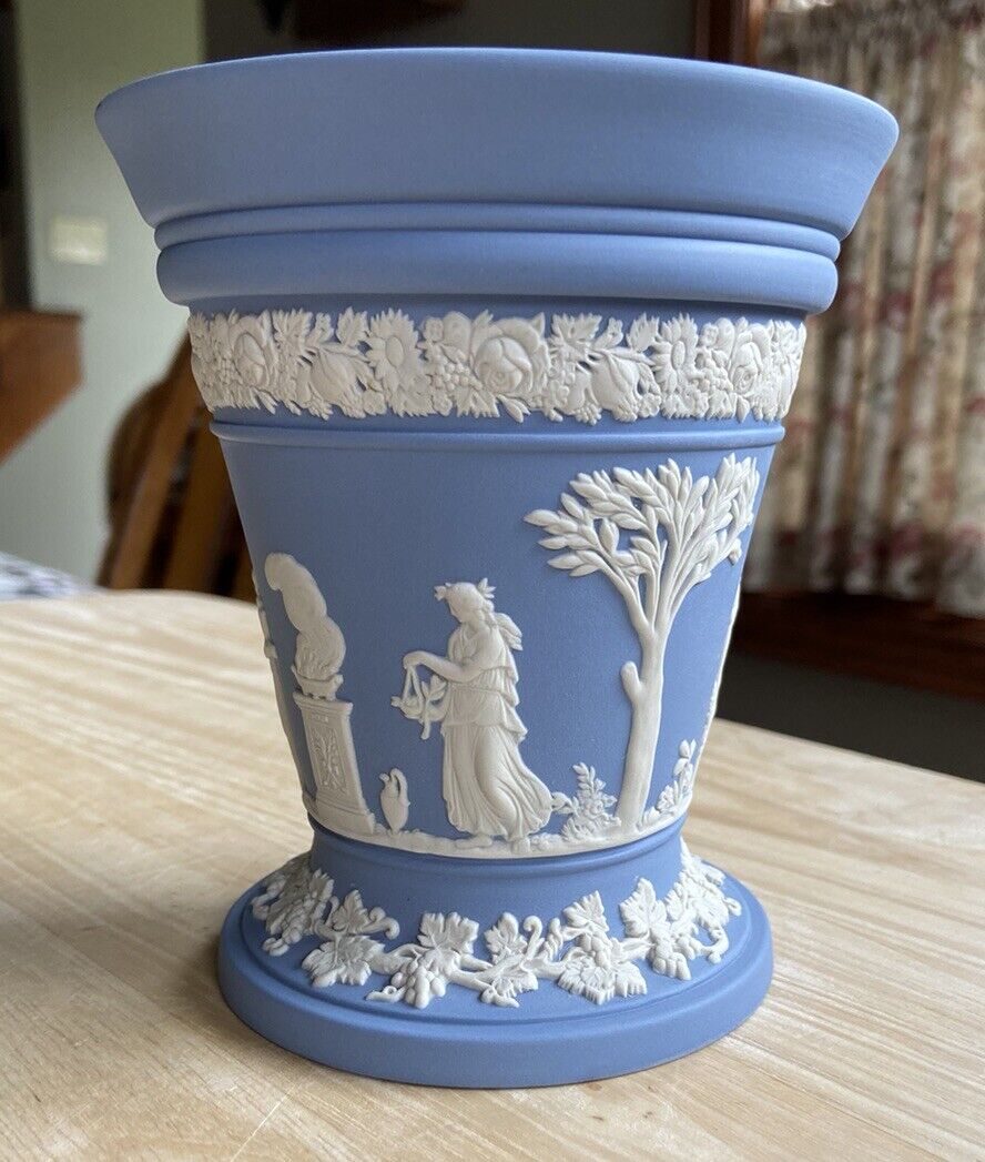 Vintage Blue Wedgewood Jasperware Vase 5” Tall W/ Flower Frog