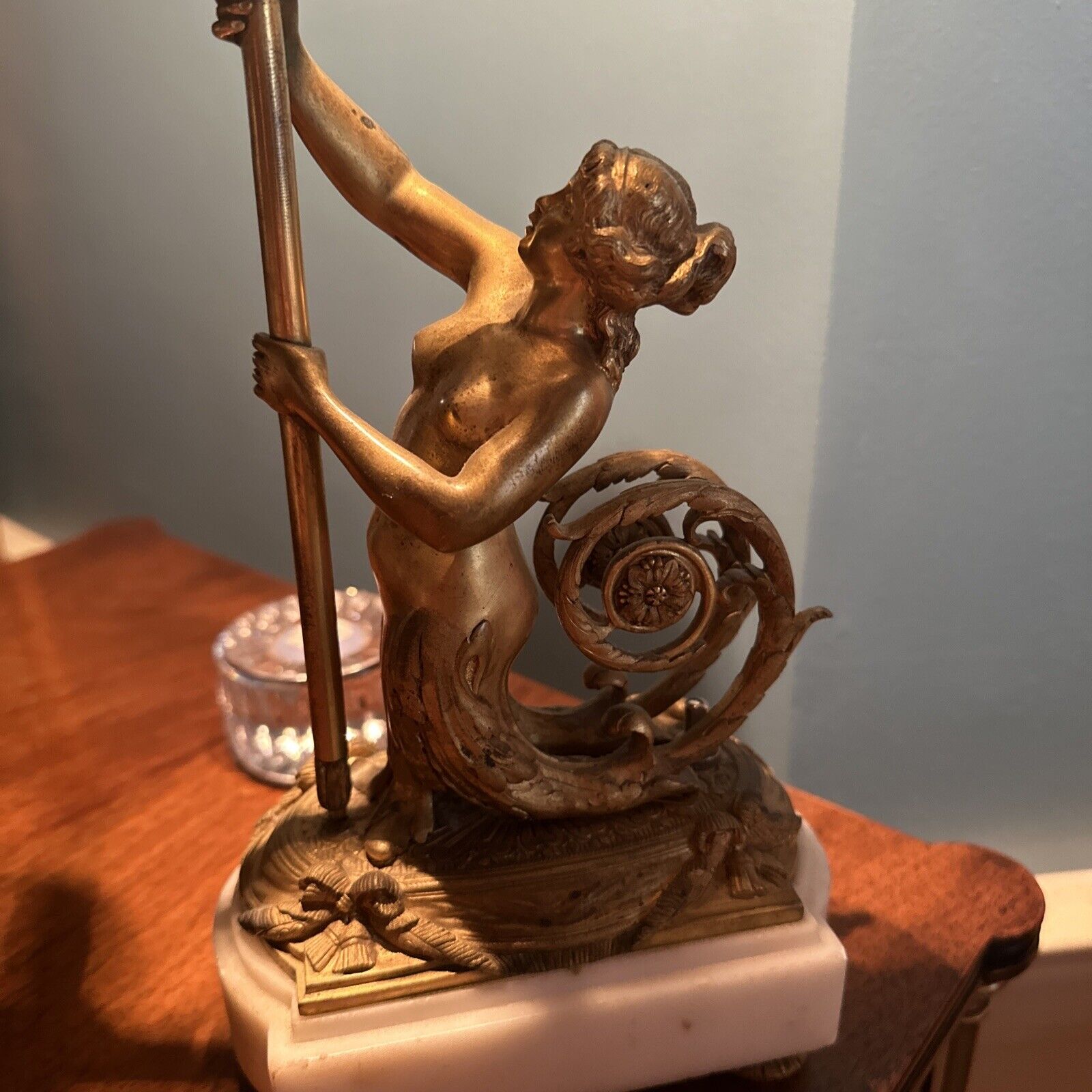 Antique Gilded Bronze Mermaid Lamp , French Empire Hollywood  Regency Fabulous
