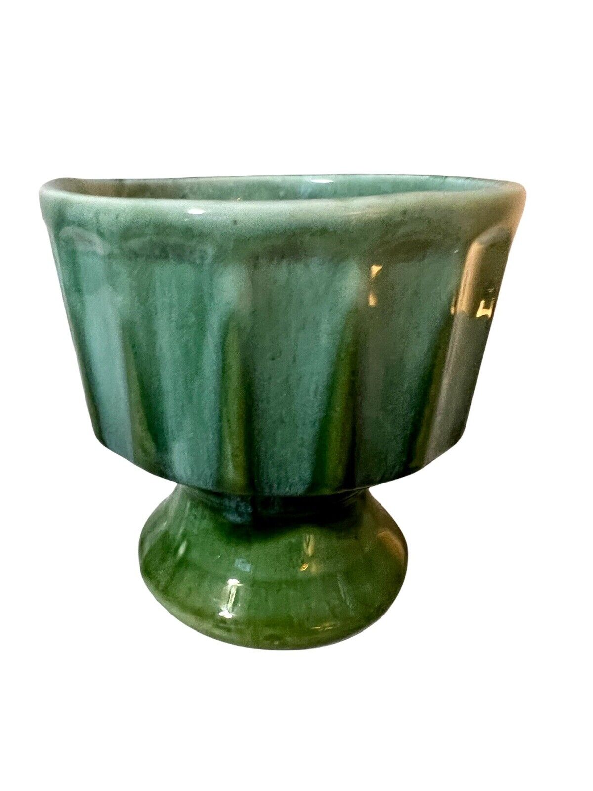 Vintage 1970s Ceramic Drip Glaze Small Footed Vase Planter Green 4.5