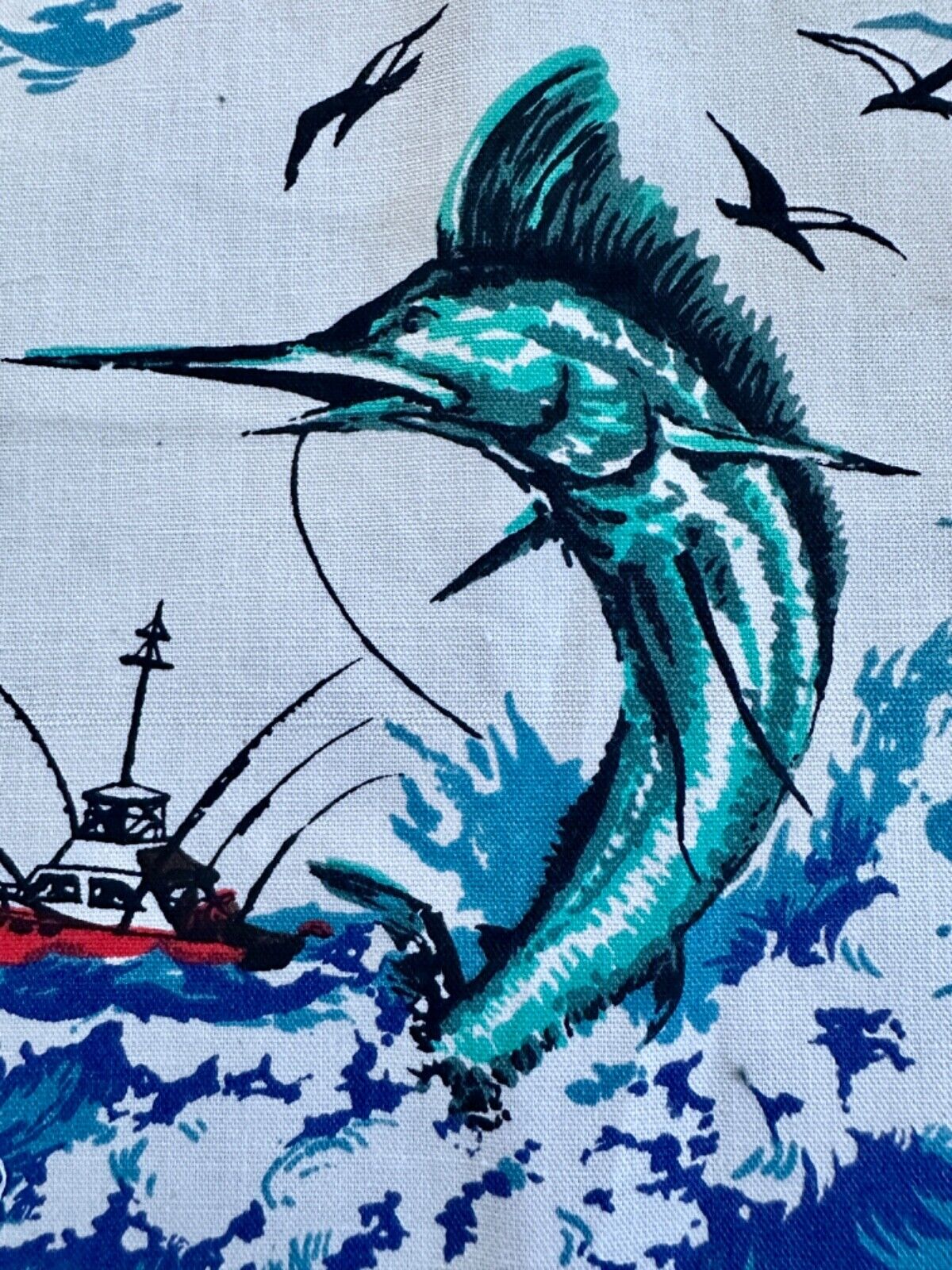 1950's Leaping MARLINS Miami Beach Seagulls Fishing Barkcloth Era Vintage Fabric